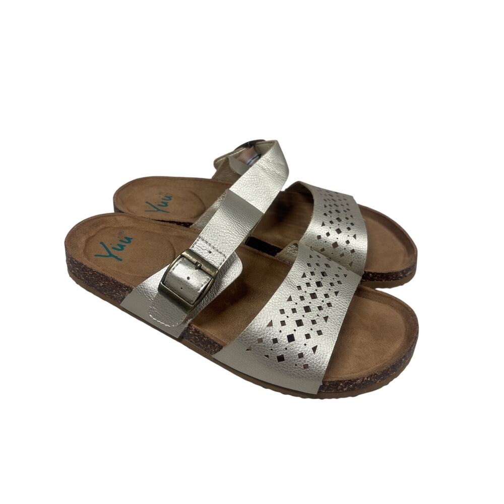 Yuu Poppy Slip-On Buckle Sandals Womens 9.5M Champagne Two Strap Slide Flats